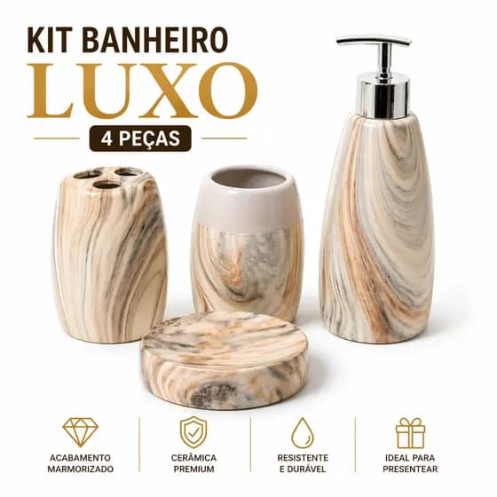 Kit Banheiro Luxo 4 Peças Cerâmica Mármore | Porta Sabonete Escova Lavabo Completo | Decorativo Moderno
