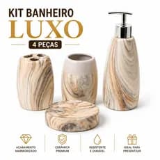 Kit Banheiro Luxo 4 Peças Cerâmica Mármore | Porta Sabonete Escova Lavabo Completo | Decorativo Moderno