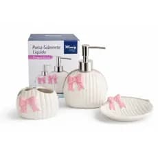 Kit 3 peças Lavabo Luxo de Cerâmica de Banheiro Porta Sabonete Líquido Banheiro Decoração Lacinho Rosa Quadrado Sa
