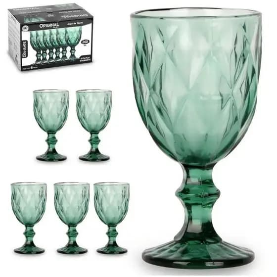 Jogo de Taças Vidro Verde 260ml cada copo Kit com 6 Taças Diamond Luxo Original Glass Vidro Temperado
