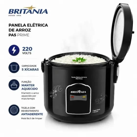 Panela Elétrica De Arroz Britânia PA5 Prime 220V 5 Xícaras Antiaderente Mantém Aquecido