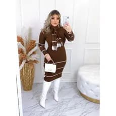 vestido MIDI canelado listras acompanha cachecol manga longa e manga curta