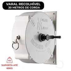 Varal Recolhível Parede 30 Metros de Corda Resistente Branco Preto