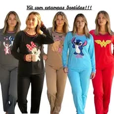 2 Pijamas Feminino inverno longo, pijama de frio, manga Longa Estampas Sortidas
