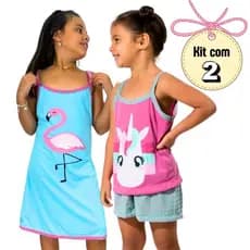 2 Pijamas Baby doll Alcinha Camisola Infantil Personagens Sortidos em Malha Premium