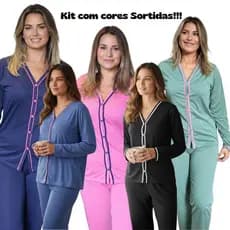 Kit 2 Pijamas Amamentação Americano Manga Longa de Malha com Botões Cores Sortidas