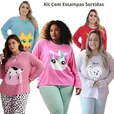 2 Pijamas De Frio Feminino Plus Size Longo (50/52/54) Estampas Sortidas em malha