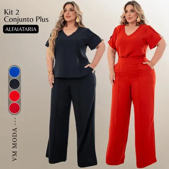 Kit 2 Conjunto Feminino Plus Size Pantalona Com Bolso Curve+