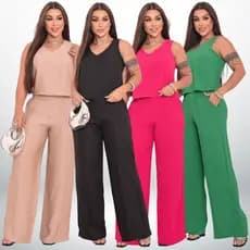 Conjunto Feminino Calça Pantalona e Blusa Alfaiataria Decote V Social Elegante