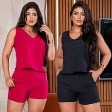 Kit 2 Conjuntos Alfaiataria Feminino Blusinha Regata + Short Verão Elegante