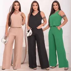 Conjunto Social Feminino Alfaiataria Blusa Regata Calça Pantalona Wide Leg Luxo