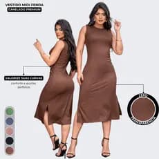 Vestido Feminino Midi Malha Canelada Tubinho Elegante Gola Redonda Elegante