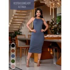 Vestido Tubinho Alcinha Canelado Midi Feminino Elegante Confortável Acinturado