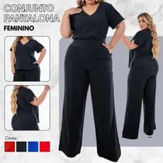 Conjunto Plus Size Feminino Calça Pantalona e Blusa Decote V Moda Maior Curve