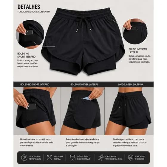 Short Duplo De Corrida Com Elastano Bolso Lateral E Abertura Tem Zíper Invisível Confortável Elástico Na Cintura Treino