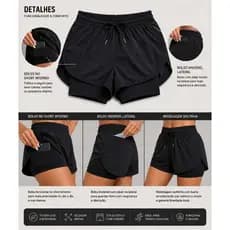 Short Duplo De Corrida Com Elastano Bolso Lateral E Abertura Tem Zíper Invisível Confortável Elástico Na Cintura Treino