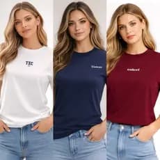 ​KIT 3 Camiseta Feminina T-Shirt Básica Algodão Baby Look Manga Curta Gola Redonda Multimarcas 100% Algodão P AO GG