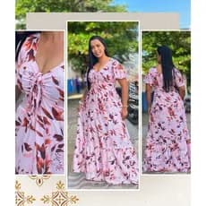 Vestido Longo De Manga Bufante Evangélico Estampado Com Forro e Bojo Com Lastex Confortável Qualidade e Durabilidade