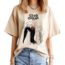 Camiseta Bege Unissex Várias Estampas Good Omens "Bons Presságios" Tee Girl Japonesa Camisa T-shirt 100% Algodão