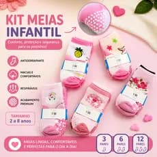 Kit Meia Infantil Menina Antiderrapante Algodão 3 6 ou 12 Pares Confortável 0 a 6 Anos Premium