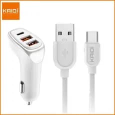 Carregador Veicular Turbo 38W Kaidi  – 3 Saídas (2 USB + USB-C PD), Cabo Tipo-C Incluso, ANATEL, Ideal Motorista