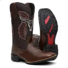 Bota Texana Masculina Couro Marrom Cano Bordado Solado Tratorado Confortável Rodeio Country