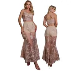 Conjunto Longo Luxo Feminino Tule com Fio Dourado Blusa com Bojo e Espartilho para Festa Casamento Formatura