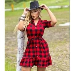 Vestido Junino Xadrez Feminino chamisie Manga Curta Rodado Festa Junina Country elegante