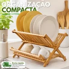 Escorredor De Louças 2 Andares Dobrável Bambu De 15 Espaços Portátil 43cm Cozinha Pratos e Copos