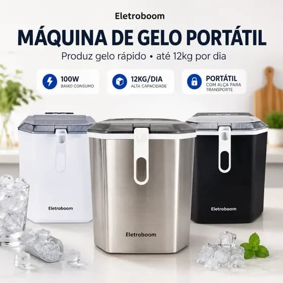 Máquina de Gelo Desing Robusta Portatil Rápido Eficiente 12KG 100W Eletroboom Produz até 12Kg Diário Pronto em 6 Minutos