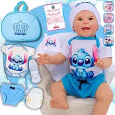 Bebê Reborn Menino Boneco Mazie Stitch Realista Original de Silicone Com Bolsa Maternidade