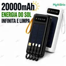 Carregador Portátil 20.000mah, Painel Solar, 5 Cabos em 1 e LED Iluminação