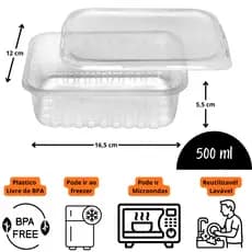 Pote Embalagem Marmita Descartavel Rentagular Plastico 500ml  Comida Fitness Kit Com Tampa Plastico 24Unidades