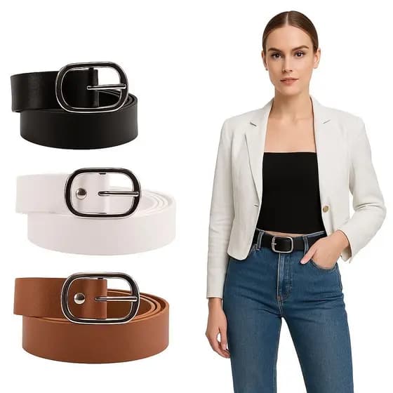 Kit 3 Cintos  Femininos Largos 3 cm com Fivela Prata Simples - Modelo Eva