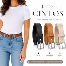 Kit 3 Cintos feminino 2,5 cm Largos - Fivela Prata da Moda- Bella