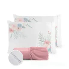 Jogo de Lençol Casal Padrão Fronha Estampada Micropercal 400 Fios Ponto Palito - Flor Rosa