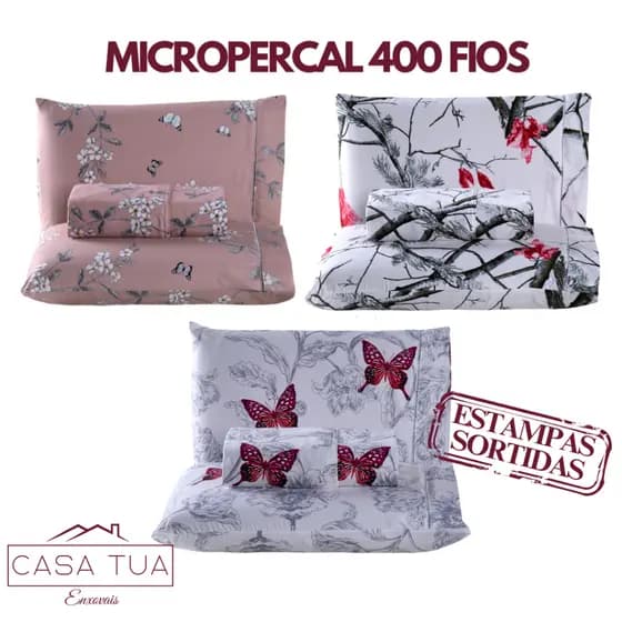 Jogo de Cama Lençol Solteiro Casal Queen 3 Peças Micropercal 400 Fios Estampado com Ponto Palito na Fronha - NOVIDADE