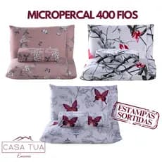 Jogo de Cama Lençol Solteiro Casal Queen 3 Peças Micropercal 400 Fios Estampado com Ponto Palito na Fronha - NOVIDADE