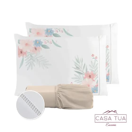 Jogo de Lençol Fronha Flor Rosa Estampada Micropercal 400 Fios Ponto Palito - Aproveite Último Lançamento