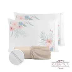 Jogo de Lençol Fronha Flor Rosa Estampada Micropercal 400 Fios Ponto Palito - Aproveite Último Lançamento