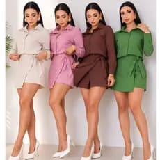 ⁠Conjunto Feminino Social Chic Linho Premium Camisa Manga Longa e Short Saia Envelope