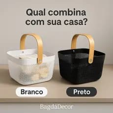 Cesto Organizador de Plástico com Alça de Bambu – Preto ou Branco, Tamanhos M e G Cozinha Banheiro