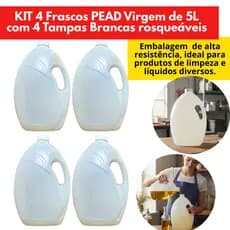 4 Embalagens Bombona Galão 5 L Virgem - frasco transparente com alça lateral, com 4 tampas brancas