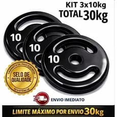 Kit 3 Anilhas 10kg (3×10kg)Emborrachadas Academia Treino Musculação Pronta entrega envio imediato.