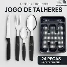 Jogo De Talheres De Cozinha Para Almoço Jantar Com Organizador Inox Cabo Preto 24 Peças