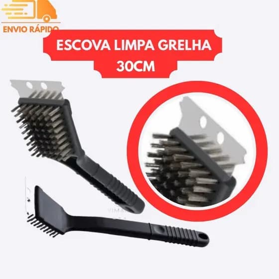 Escova Limpa Grelha 30CM Com Fios De Aço Inox Lamina De Raspar Gordura E Cabo de Nylon
