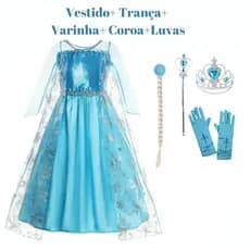Fantasia Infantil Menina Vestido + Trança + Coroa + Luva  Varinha Mágica Elza Frozen