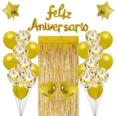Kit Balão Metalizado Cortina Bexiga Feliz Aniversário Decoração de Festa Completa