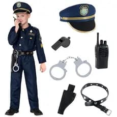 Kit Fantasia Completa Menino Policial Com Roupas e acessórios, Blazer Calça Algemas Apito Cinto Boina