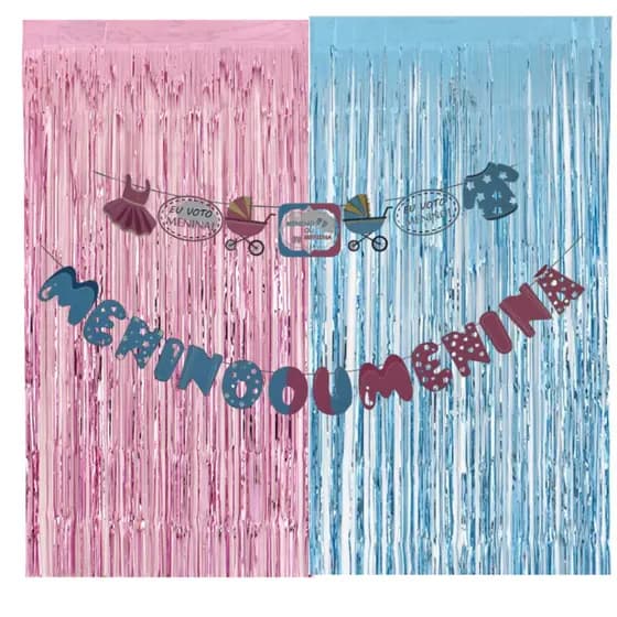 Kit Chá Revelação Cortina Fita Franja Metalizada Azul Bebê + Rosa Bebê + Cortina Nomes Menino ou Menina